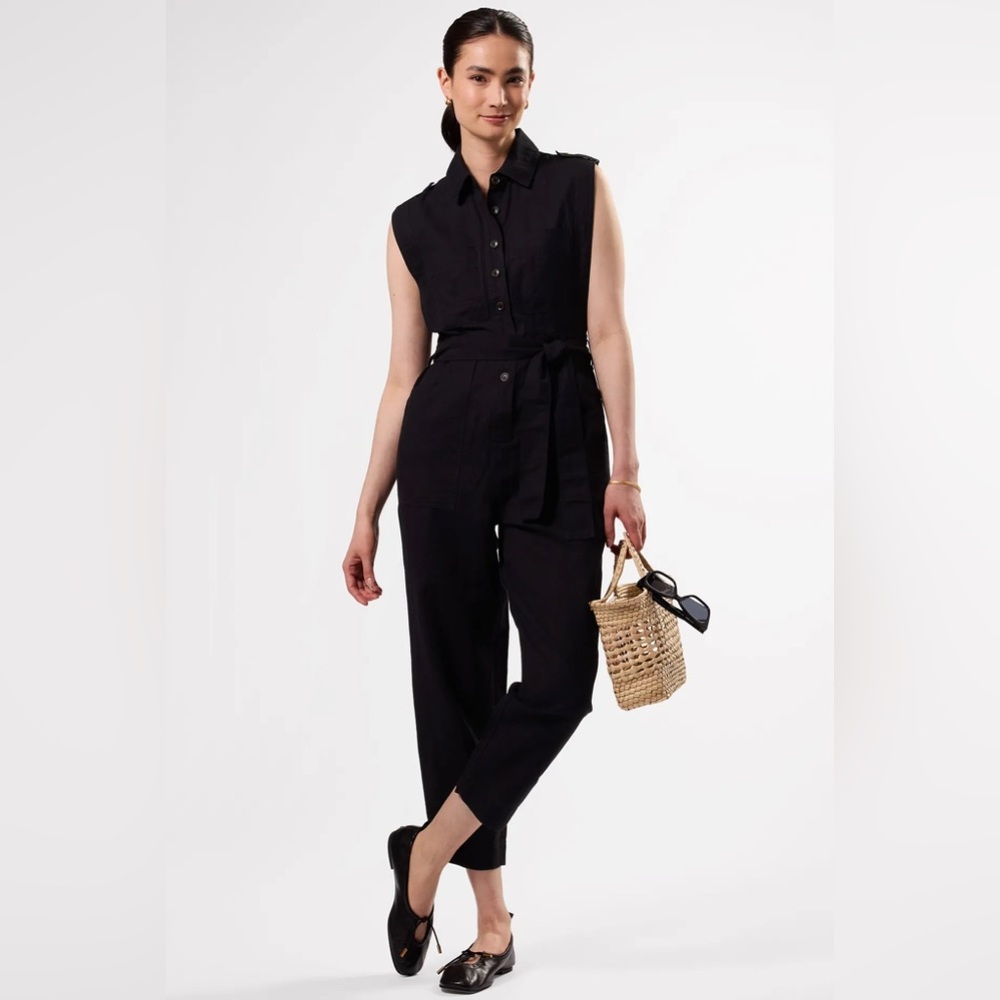 Amour Vert Black Button-Down Jumpsuit Linen Blend